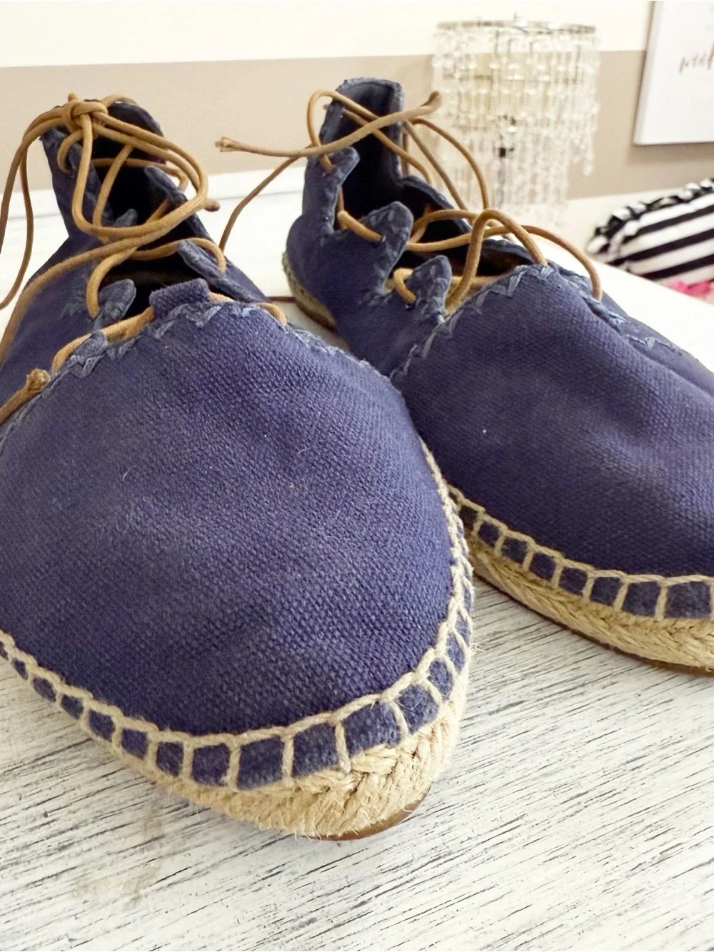 Tory Burch Navy Blue Canvas Lace-Up Espadrilles